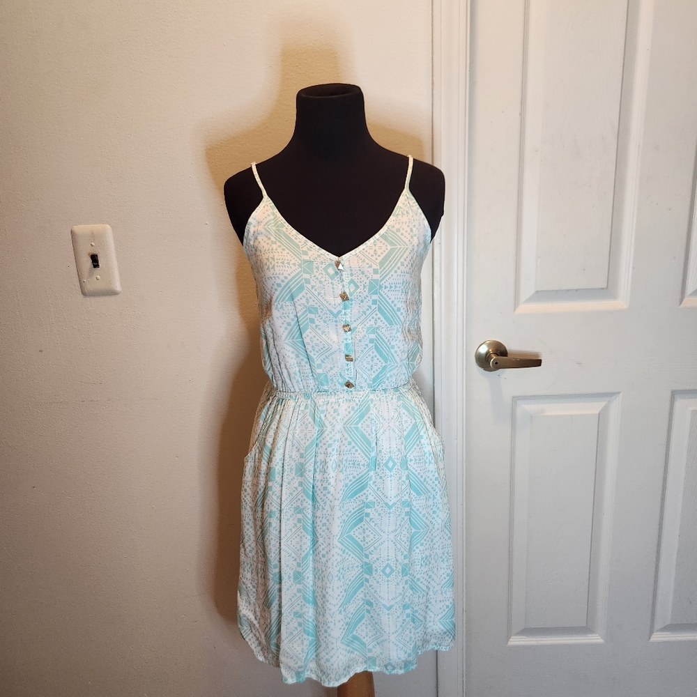 Emmelee Small Spring Summer Geometric Print Spaghetti Straps V Neck Mini Dress